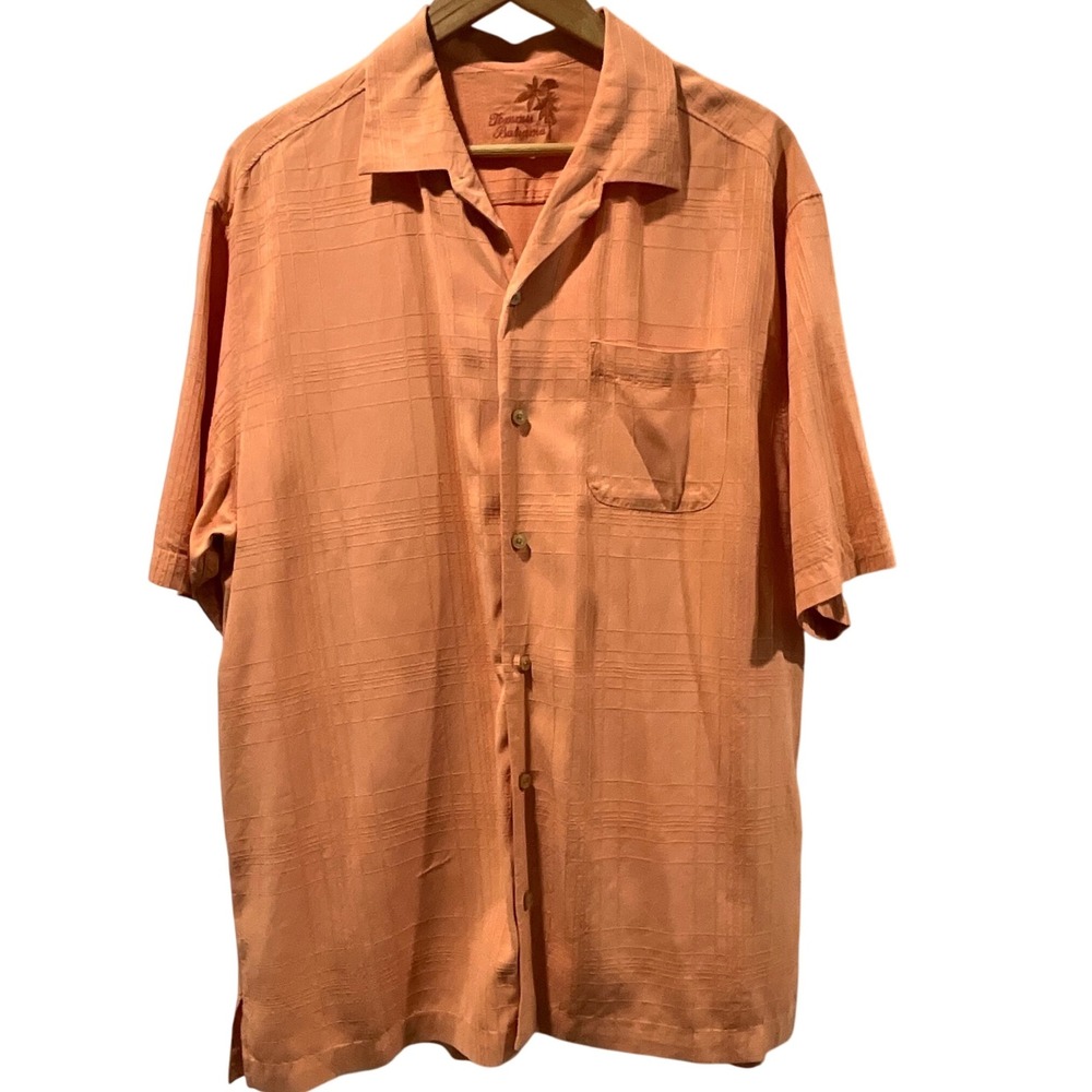 Tommy Bahama Mens Lg Peach Camp Shirt Short Sleeve Button Up Palm Tree 100% Silk
